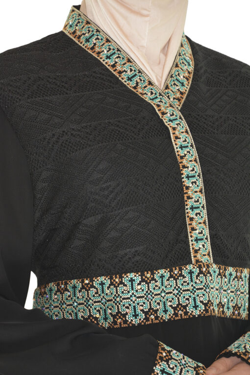Aqua embroidery Black Abaya close up ab670