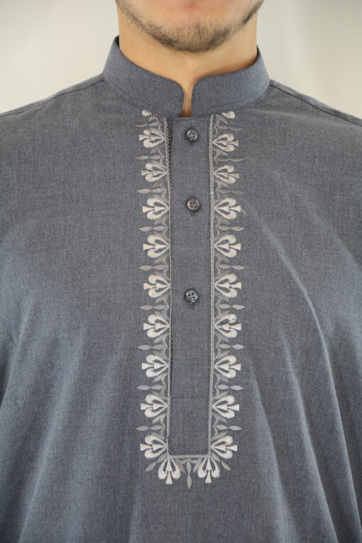 ME711 Afzal Mens Gray Embroidered Button up Salwar Kameez closeup