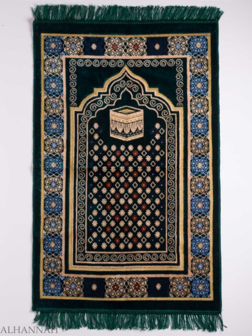 Turkish Prayer Rug Green Swirled Floral Kaaba Motif ii1131