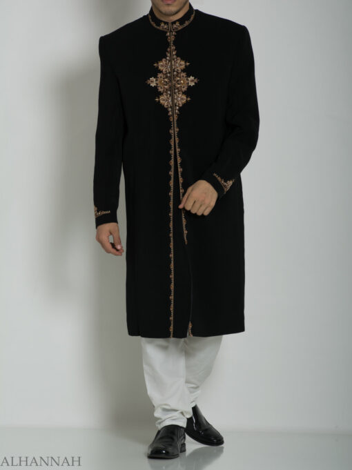 Black Embroidered Plain Jacquard Designer Sherwani ME754 (2)
