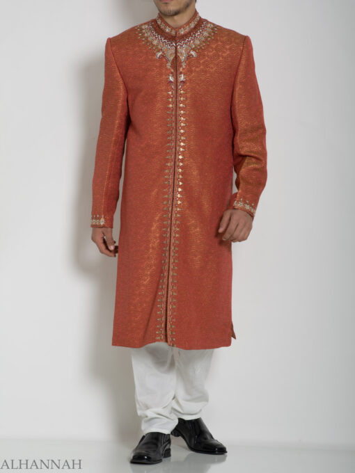 Orange Embellished Paisley Jacquard Designer Sherwani Jacket ME761 (5)
