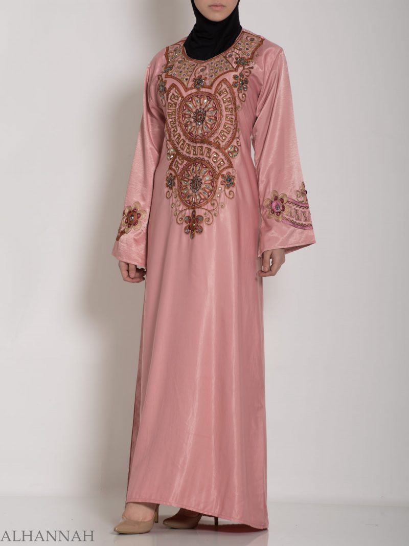 Pink Embellished Satin Embroidered Syrian Abaya | ab706 | Alhannah ...