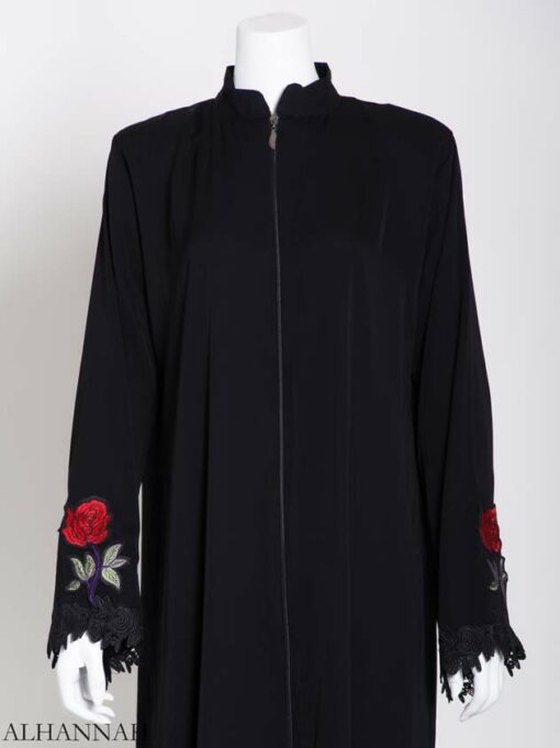 Womens Abaya Sprouted Roses Plain Black (2)