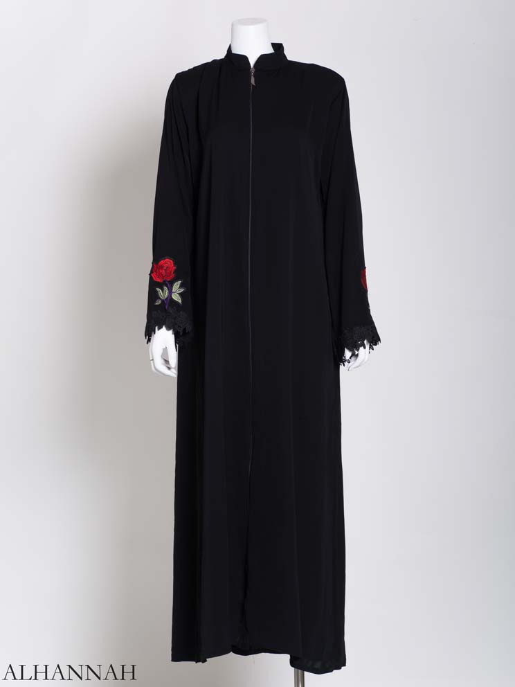 Womens Abaya Sprouted Roses Plain Black