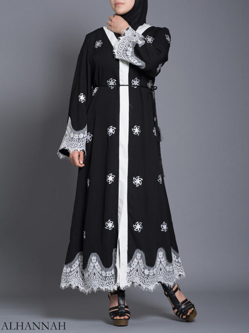 Floral Lace-Lined Button-up Abaya ab729 (1)
