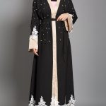 BLACK ABAYA WITH SATIN AND LACE TRIM AB736