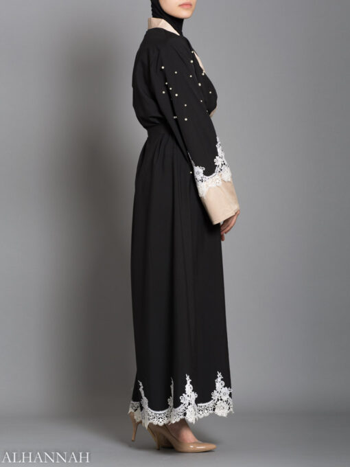 BLACK ABAYA WITH SATIN AND LACE TRIM AB736 Side