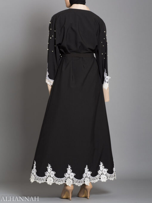 BLACK ABAYA WITH SATIN AND LACE TRIM AB736 back