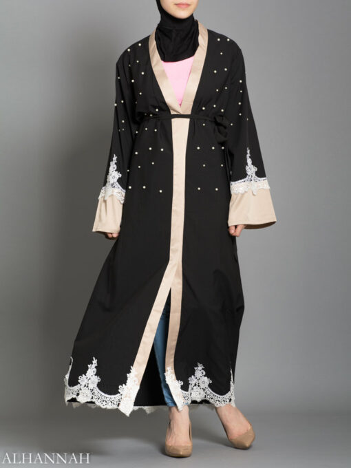 BLACK ABAYA WITH SATIN AND LACE TRIM AB736 opening
