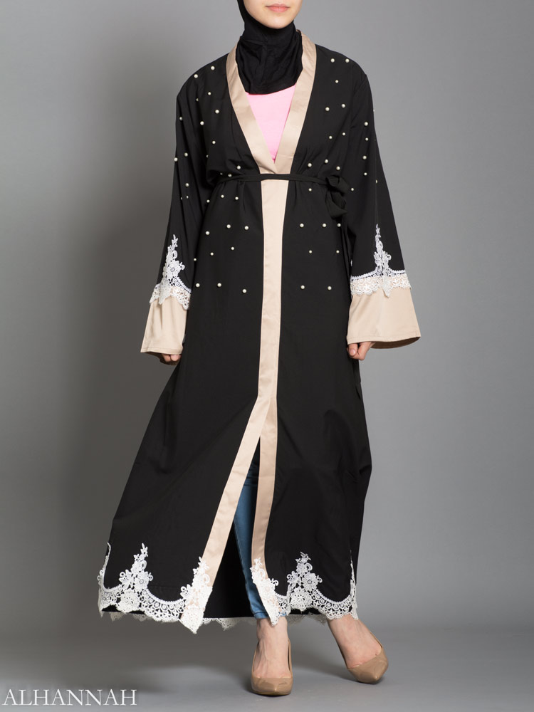 Black Fancy Khaleeji Abaya Button Up Dubai Jilbab with Lace Size S L XL M 