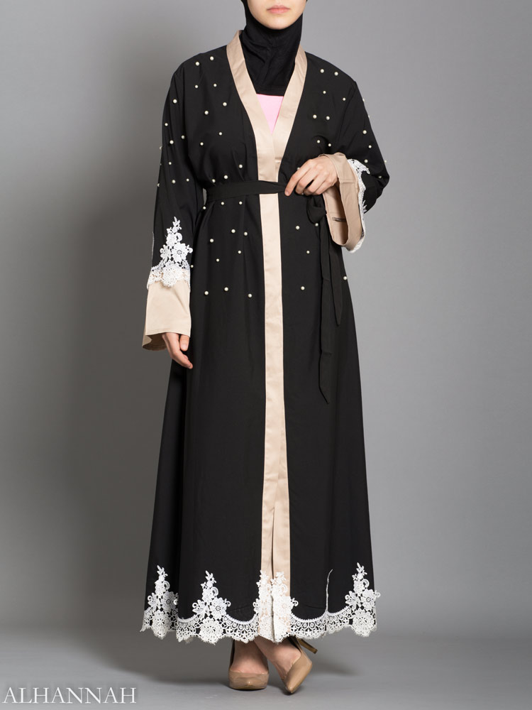 BLACK ABAYA WITH SATIN AND LACE TRIM AB736
