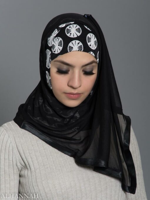 Black and White Lily Pad Kuwaiti Wrap Hijab hi2185 front