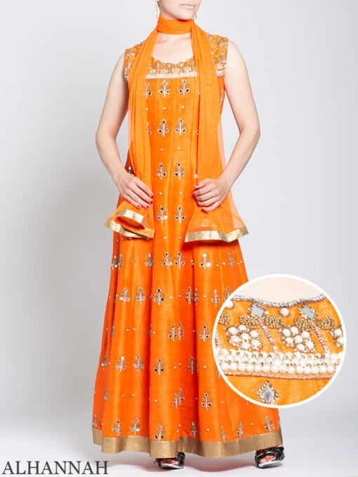 Pearl Embellished Sleeveless Orange Salwar Kameez sk1248
