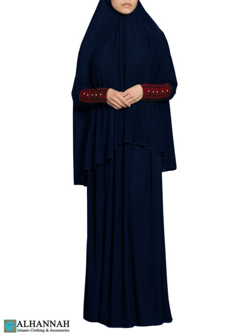 Prayer Outfit with Palestinian Embroidery in Blueberry