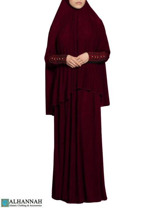 Prayer Outfit with Palestinian Embroidery in Maroon