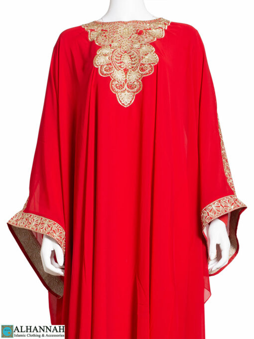 Embroidered Chiffon Overlay Red Abaya ab788
