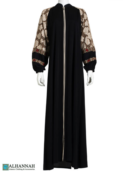 Floral Lace Embroidered Sleeves Black Abaya ab777