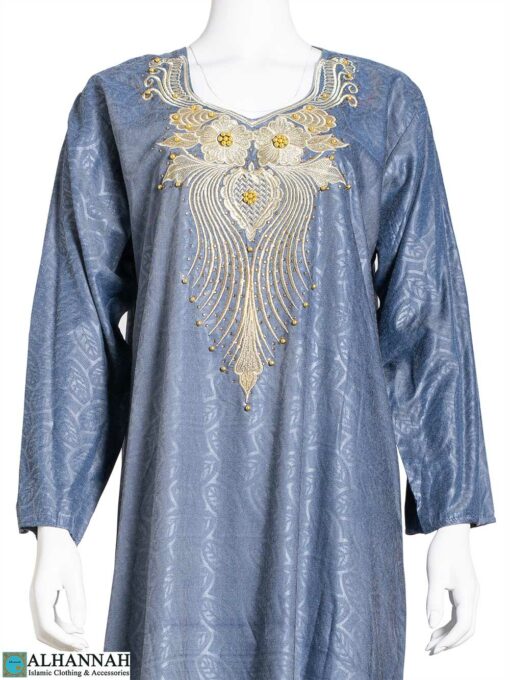 Golden Embroidered Blue Leaved Jacquard Abaya ab809
