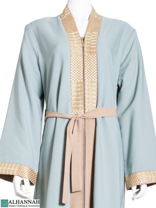 Golden-Embroidery Lined Sage Abaya ab773