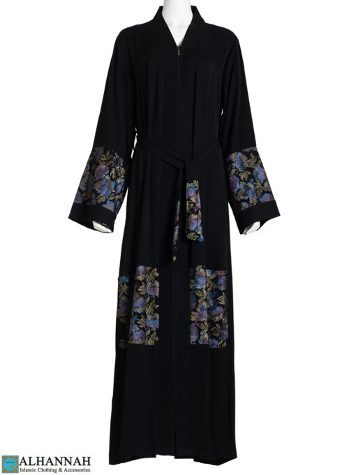 Laced Violet Floral Embroidered Black Abaya ab790