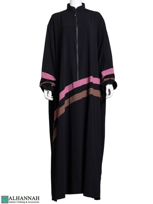 Striped Abaya with Zipper Opening in Black ab803