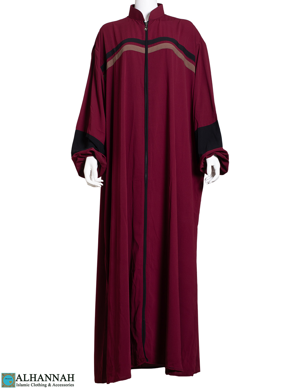 Striped Abaya with Zipper Opening in Maroon ab796