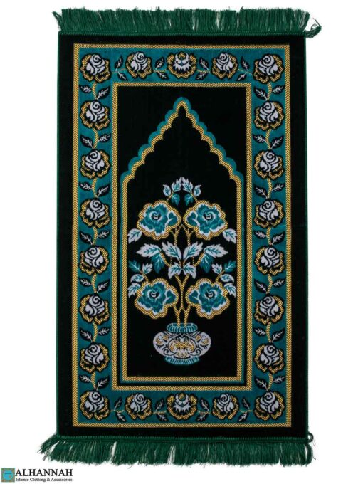 Turkish Prayer Rug with Rose Vase Motif - Green