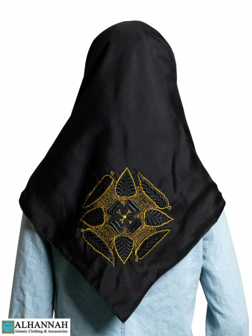 Black Triangle Hijab with Golden Embroidered-Leaves hi2228