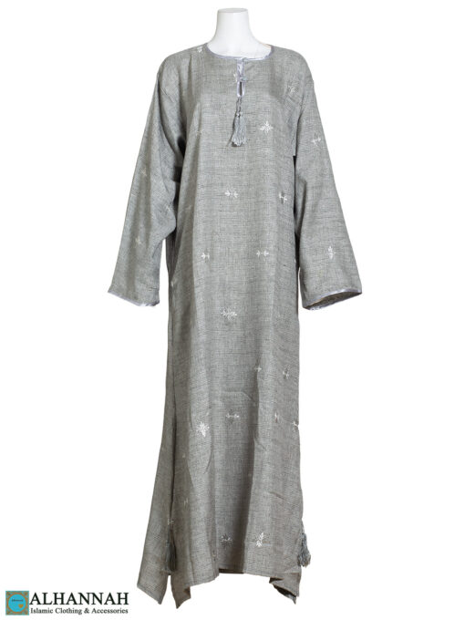 Floral Embroidered Tasseled Moroccan Abaya ab817 Gray