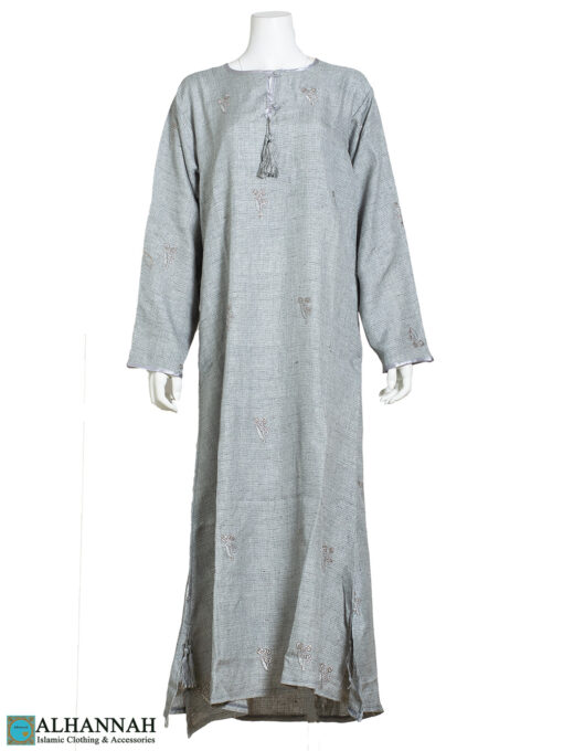 Floral Embroidered Tasseled Moroccan Abaya ab817 Light-Gray
