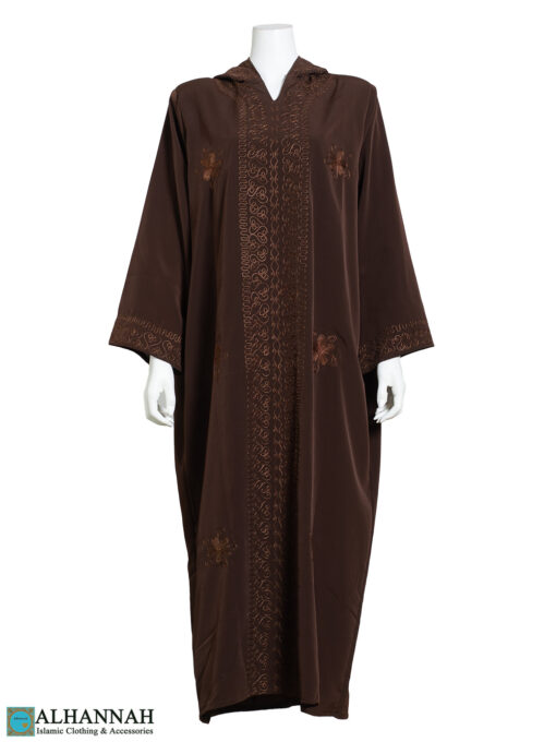 Lazy-Daisy Embroidered Moroccan Hooded Abaya ab818 Cocoa