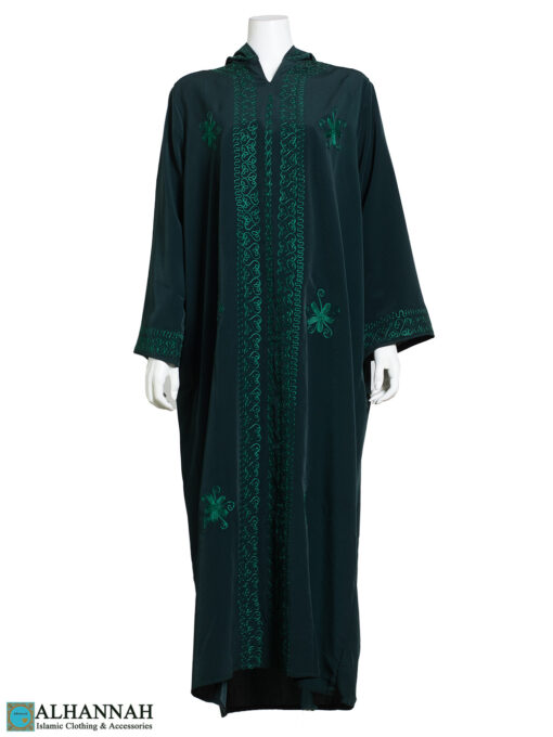 Lazy-Daisy Embroidered Moroccan Hooded Abaya ab818 Emerald