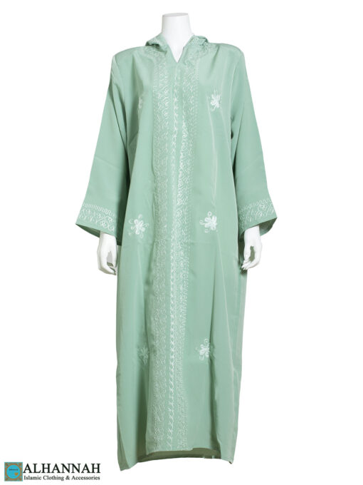 Lazy-Daisy Embroidered Moroccan Hooded Abaya ab818 Mint