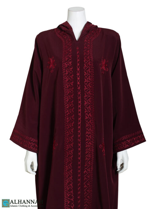 Lazy-Daisy Embroidered Moroccan Hooded Abaya ab818 Red (2)