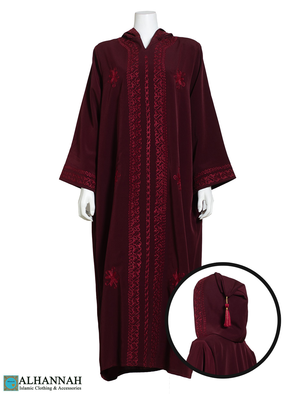 Lazy-Daisy Embroidered Moroccan Hooded Abaya ab818 Red