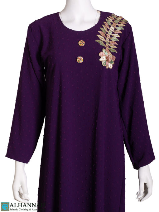 Floral Applique Lightweight Grape Abaya with Floral-Buttons ab827 close