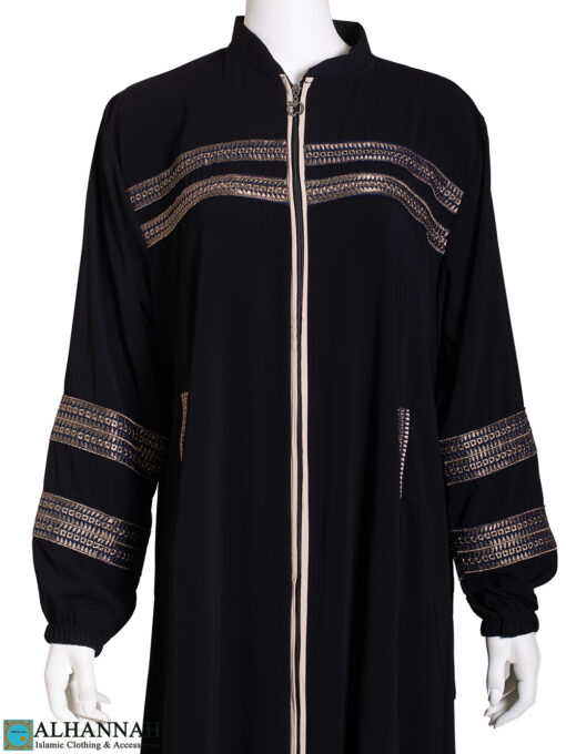Gold-Embroidered Elastic Sleeve Black Abaya ab822 close up