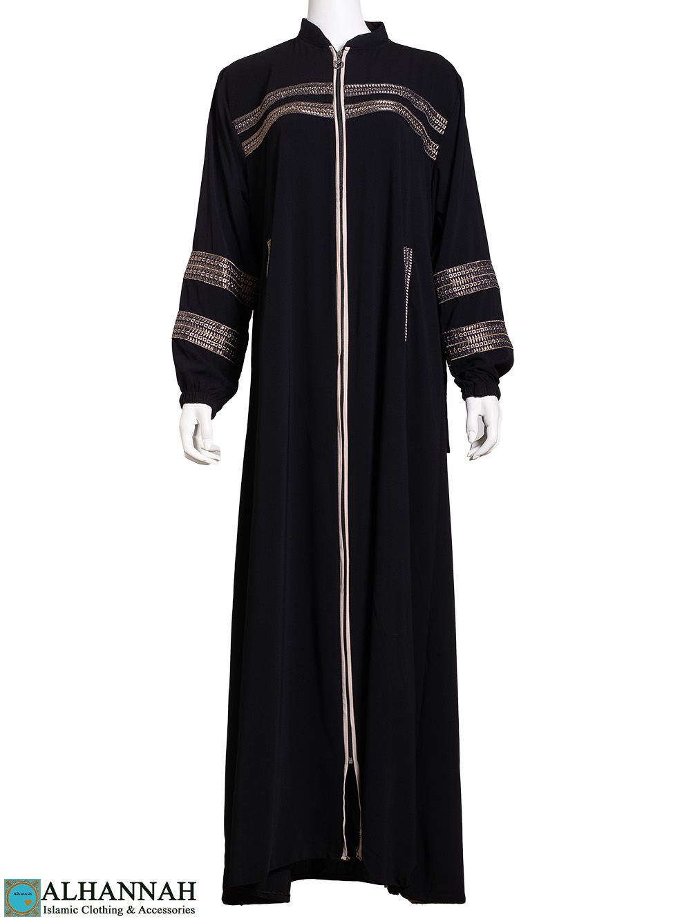 Gold-Embroidered Elastic Sleeve Black Abaya ab822