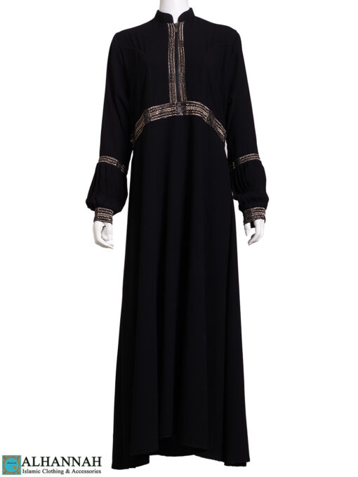 Gold-Embroidered Puff Sleeve Black Abaya ab819