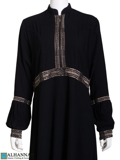 Gold-Embroidered Puff Sleeve Black Abaya ab819 close up