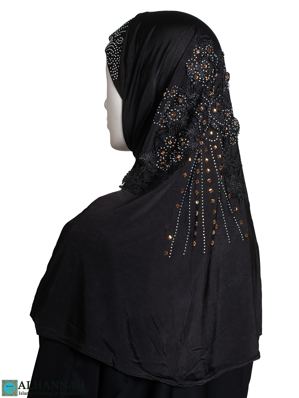 Amira Hijab with Floral Applique - Black hi2451