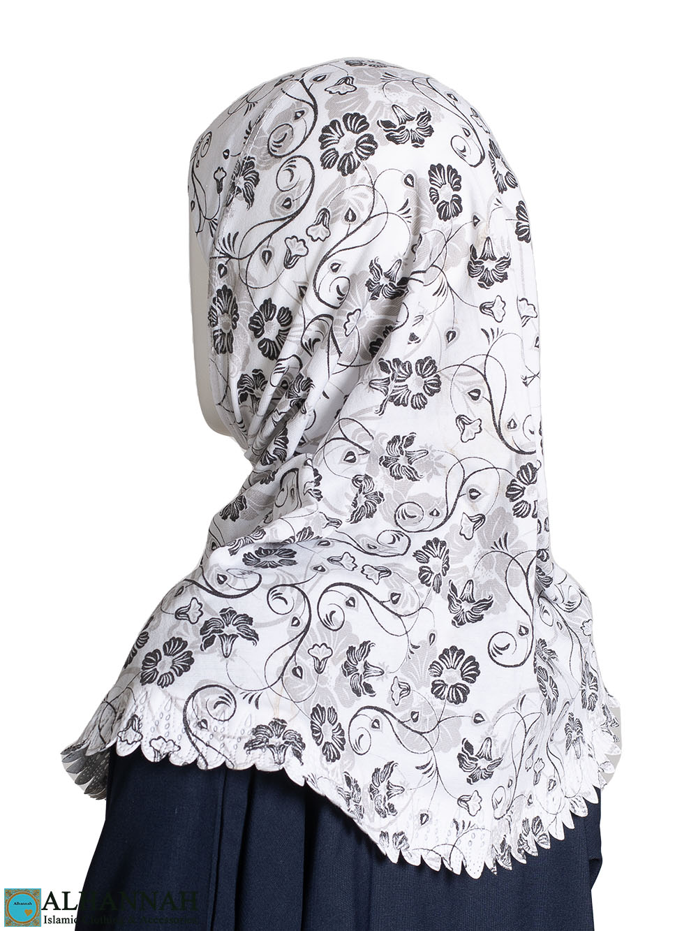 Girls Scalloped Amira Hijab - Grey Floral Print -ch540