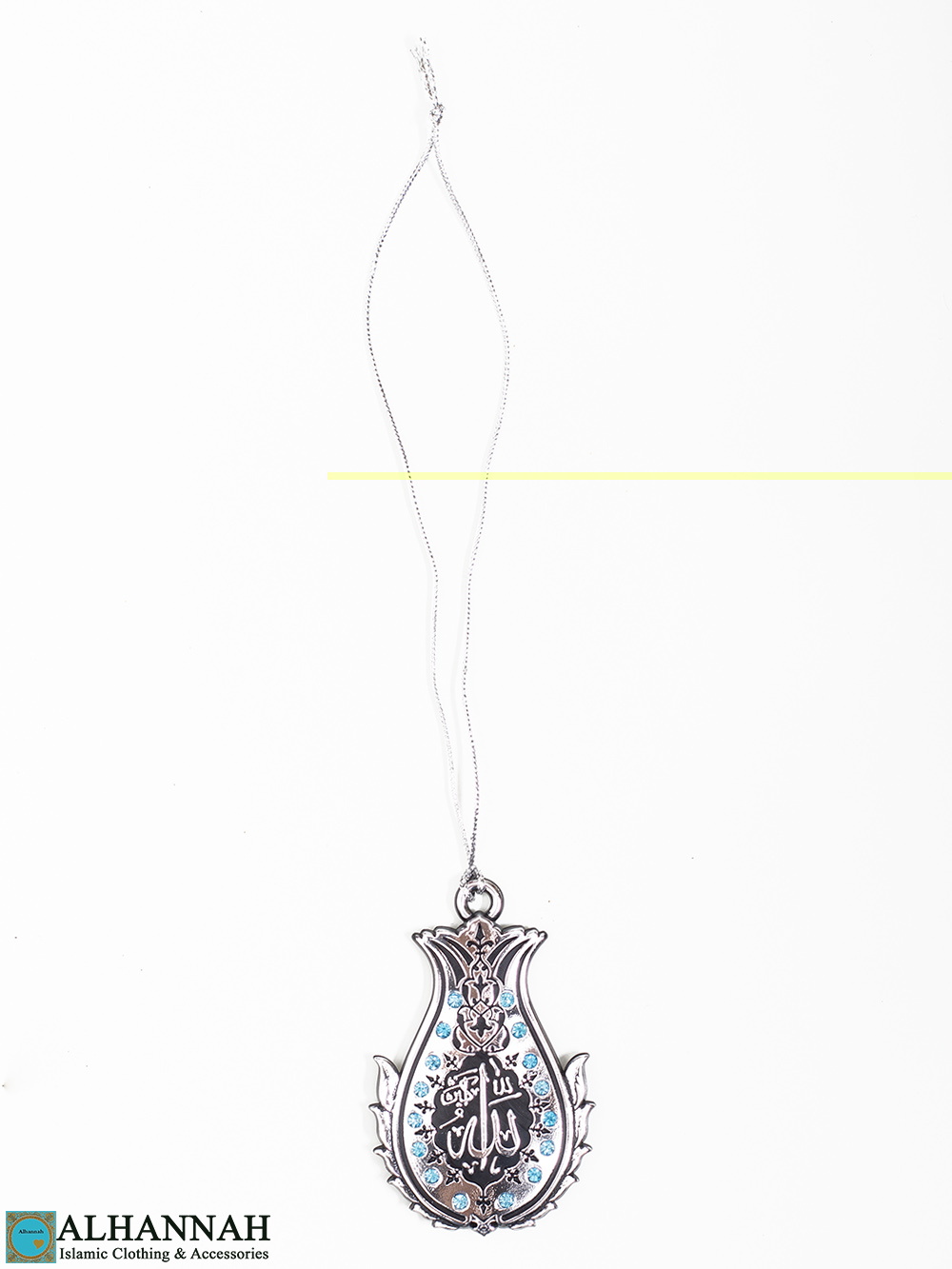 Islamic Hanging Ornament - Allah - Muhammad in Metallic Silver with Sky Sapphire cl gi1076