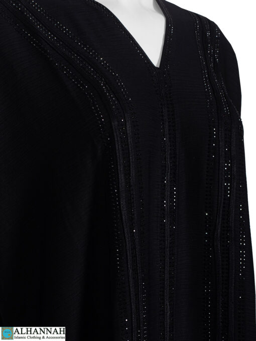 Black Abaya with Crystal Accents - closeup ab847