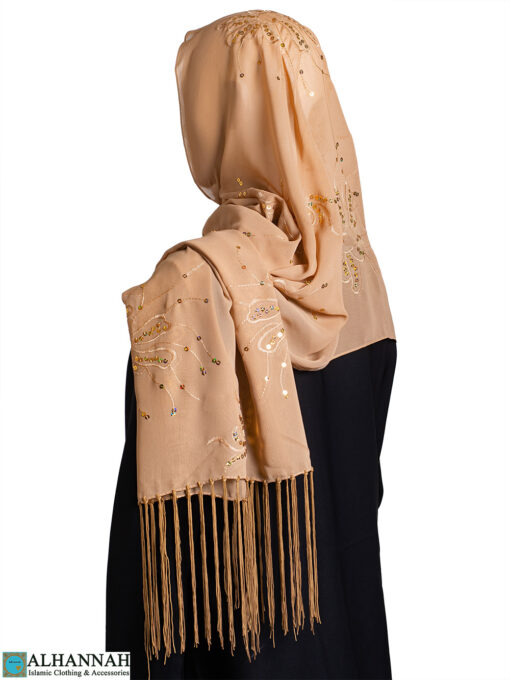 Chiffon Hijab with Fringe and Sequins – Tan hi2698