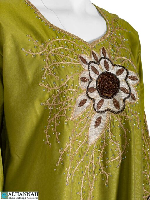 Embroidered Pull Over Abaya Closeup- Lime ab875