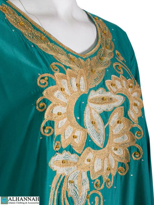 Embroidered Pull Over Abaya Closeup - Teal ab858