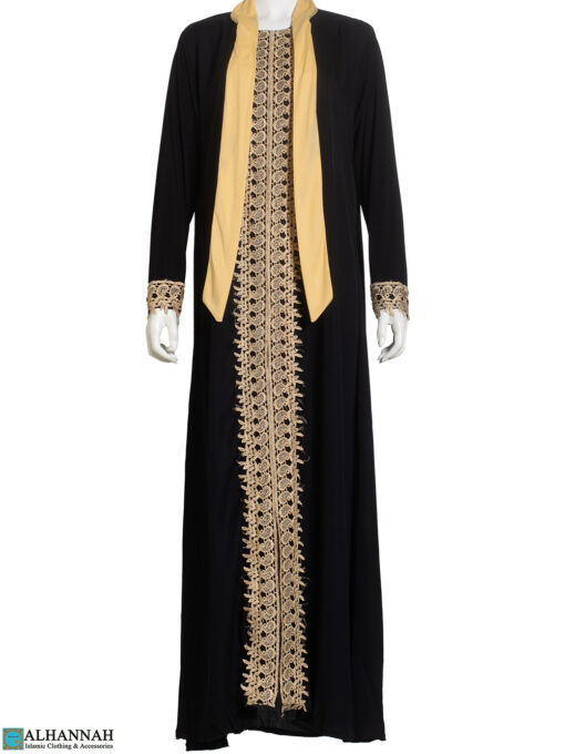 Black Abaya with Lace Trim - Scarf attached ab880