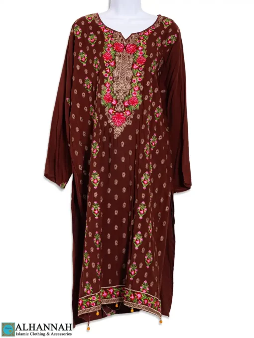 Embroidered Chocolate Salwar Kameez with Pink Rose Bouquet sk1282