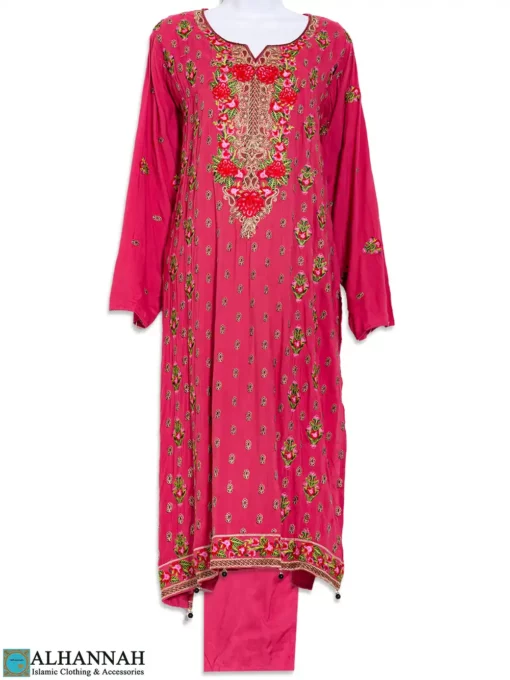 Embroidered Pastel Pink Salwar Kameez with Rose Bouquet and Floral Patches sk1287